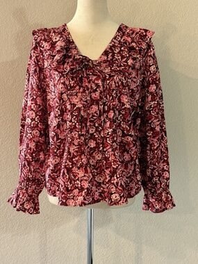 Talbots Womens Medium Petite Cranberry Pink Floral Tie Neck Ruffle Blouse NWT